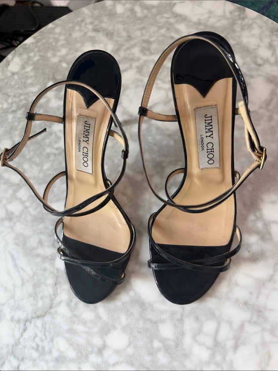 Jimmy Choo Shoes - Jimmy Choo Dark Navy Patent Leather Sandals - like new on top, scuffed soles